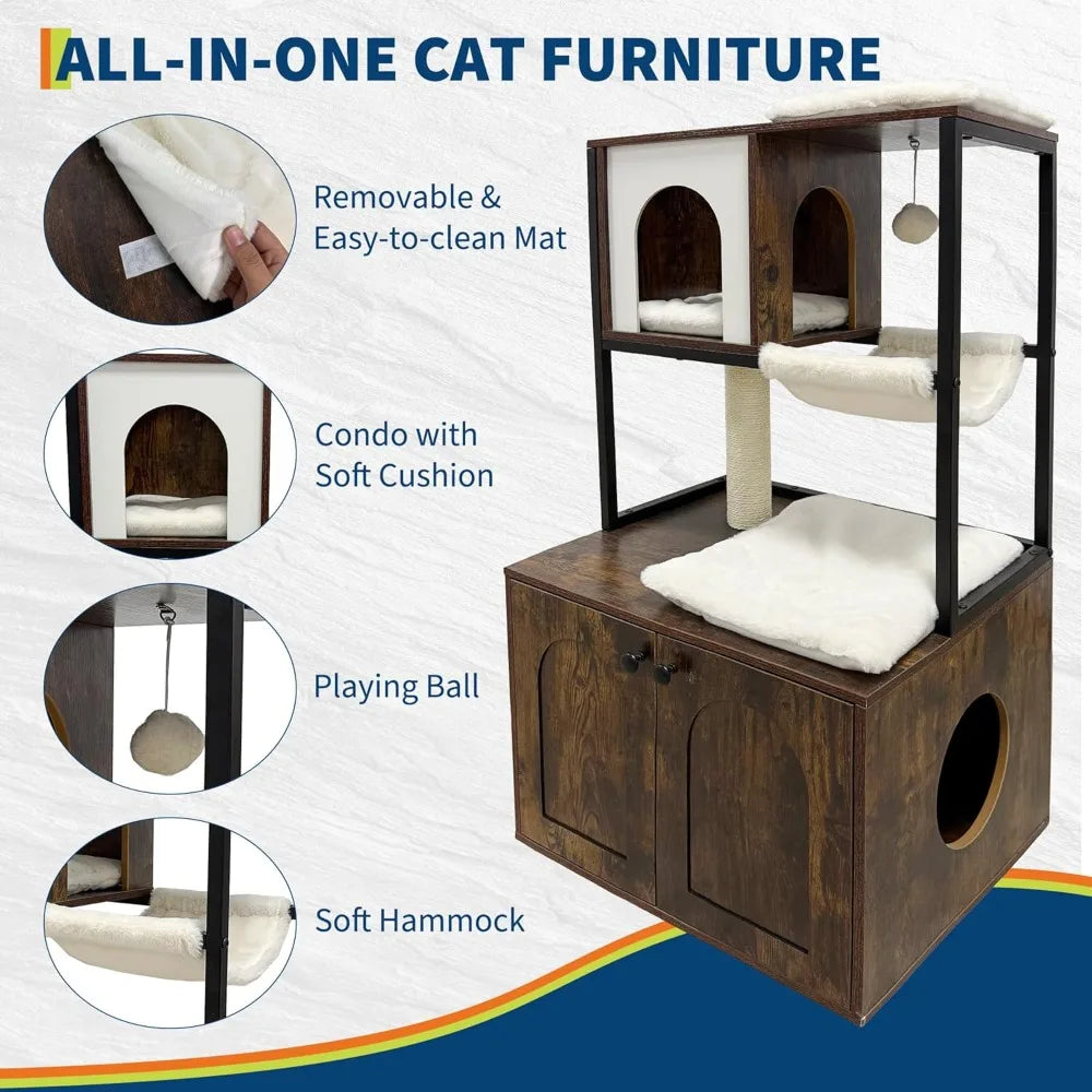 "contemporary cat tree with litter box hiding spot, condo, hammock, scratching pad, and swinging ball"