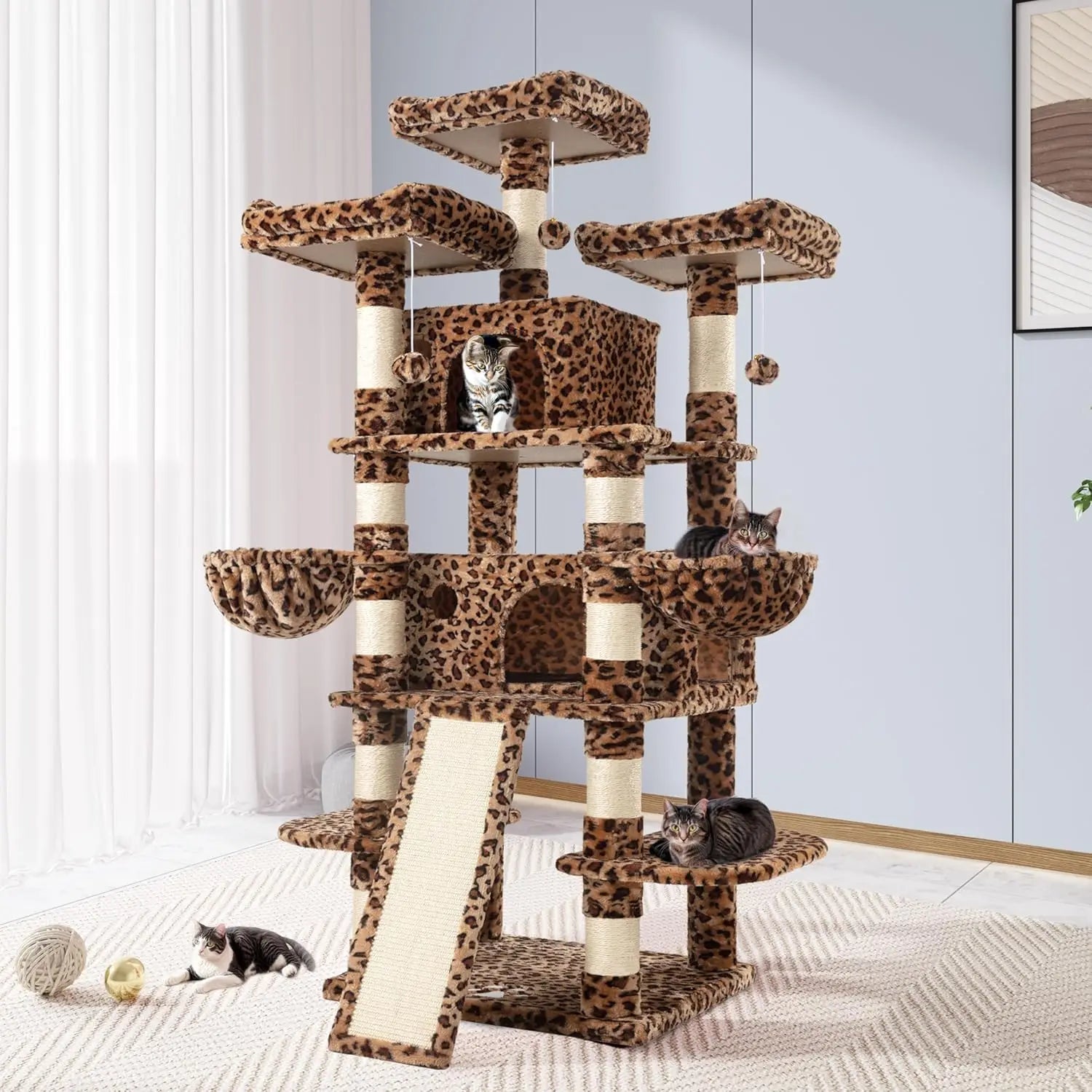 68'' Tall Cat Tree House for Large Cats, Multi-Level Playground with Condo & Scratching Posts, Space-Saving Leopard Design