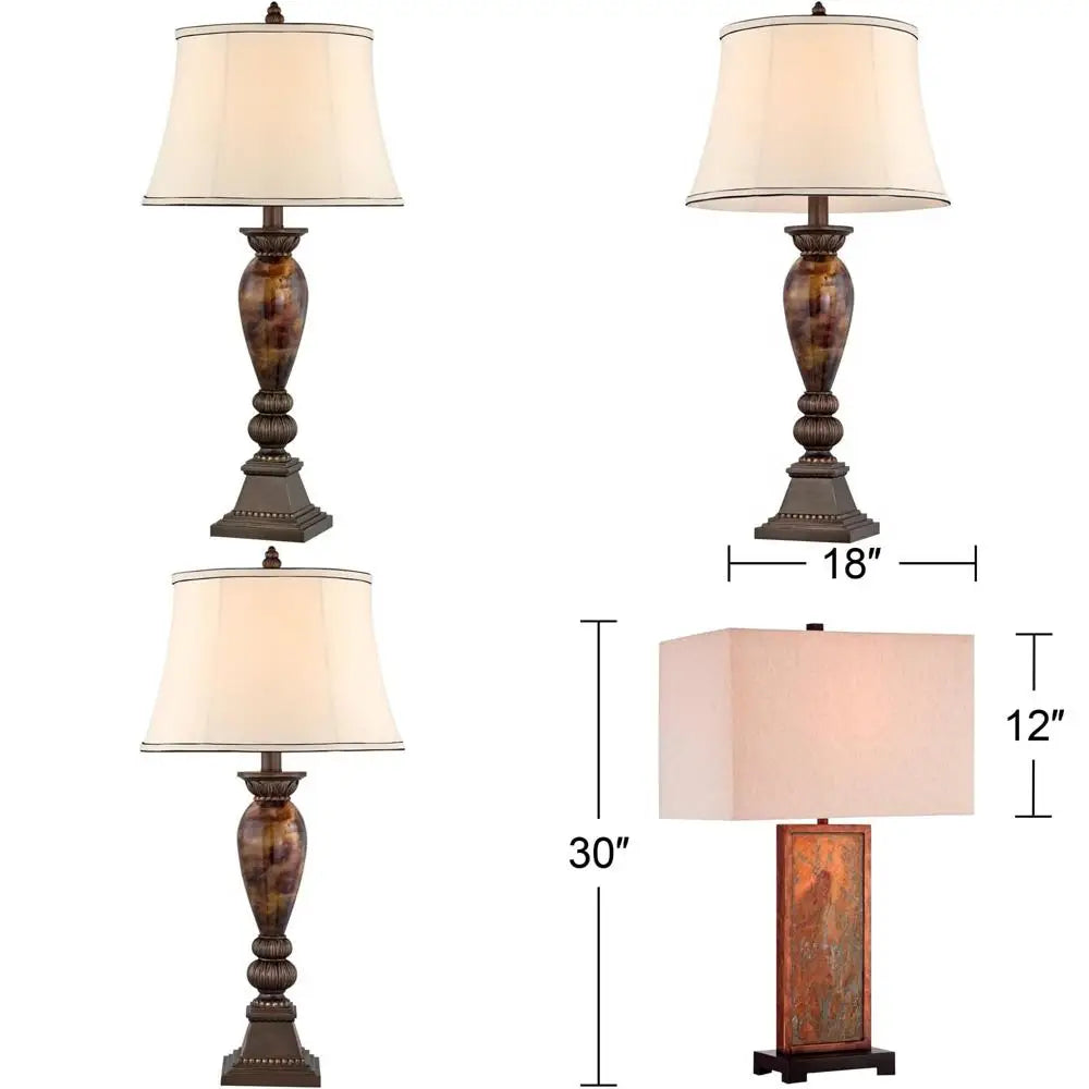 Vintage 33 Tall Aged Bronze Table Lamp with Faux Marble Base and Off-White Bell Shade for Living Room Decor