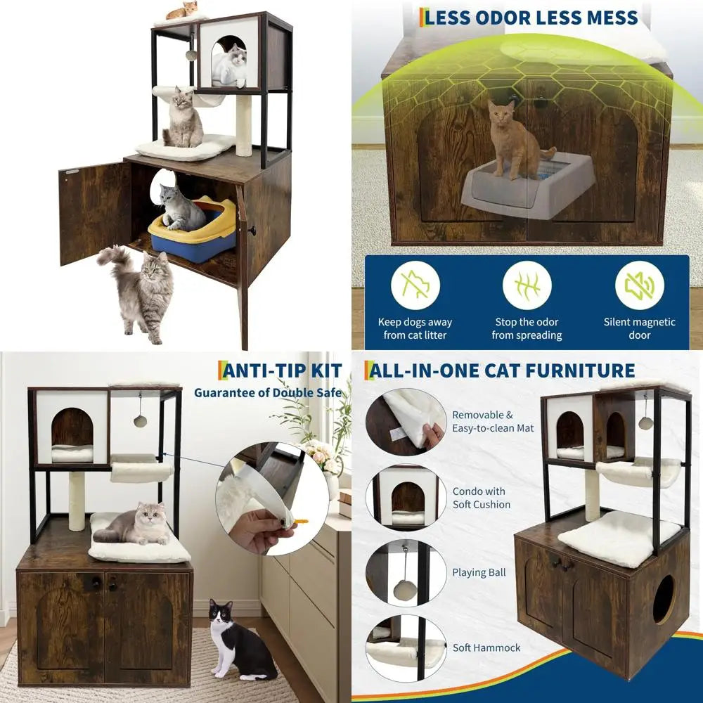 "contemporary cat tree with litter box hiding spot, condo, hammock, scratching pad, and swinging ball"