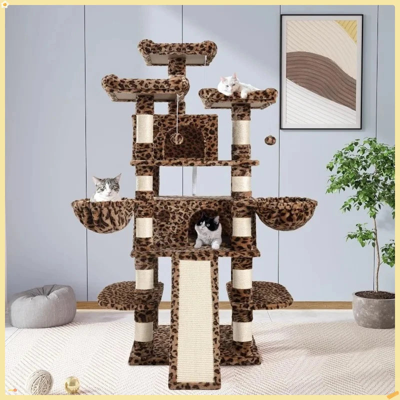 68'' Tall Cat Tree House for Large Cats, Multi-Level Playground with Condo & Scratching Posts, Space-Saving Leopard Design