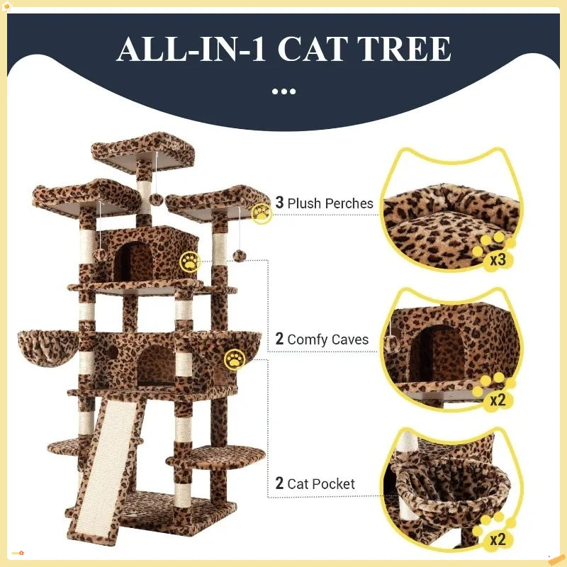 68'' Tall Cat Tree House for Large Cats, Multi-Level Playground with Condo & Scratching Posts, Space-Saving Leopard Design