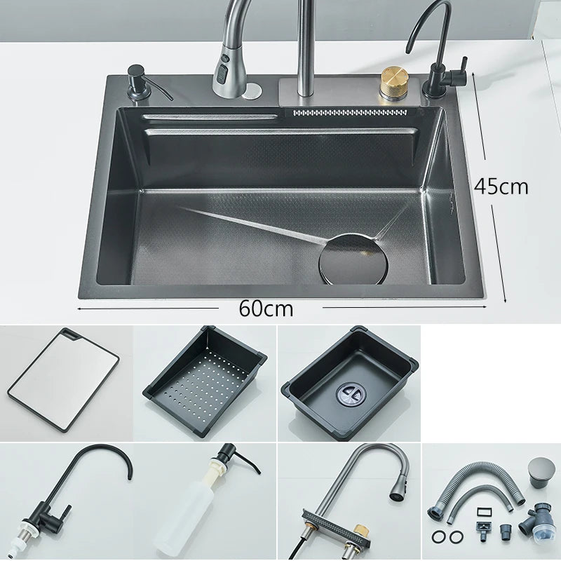 304 Stainless Steel Waterfall Kitchen Sink Large Single Slot Integrated 60X45cm Faucet Set Cup Washer 3Way Pull Out Sprayer Head