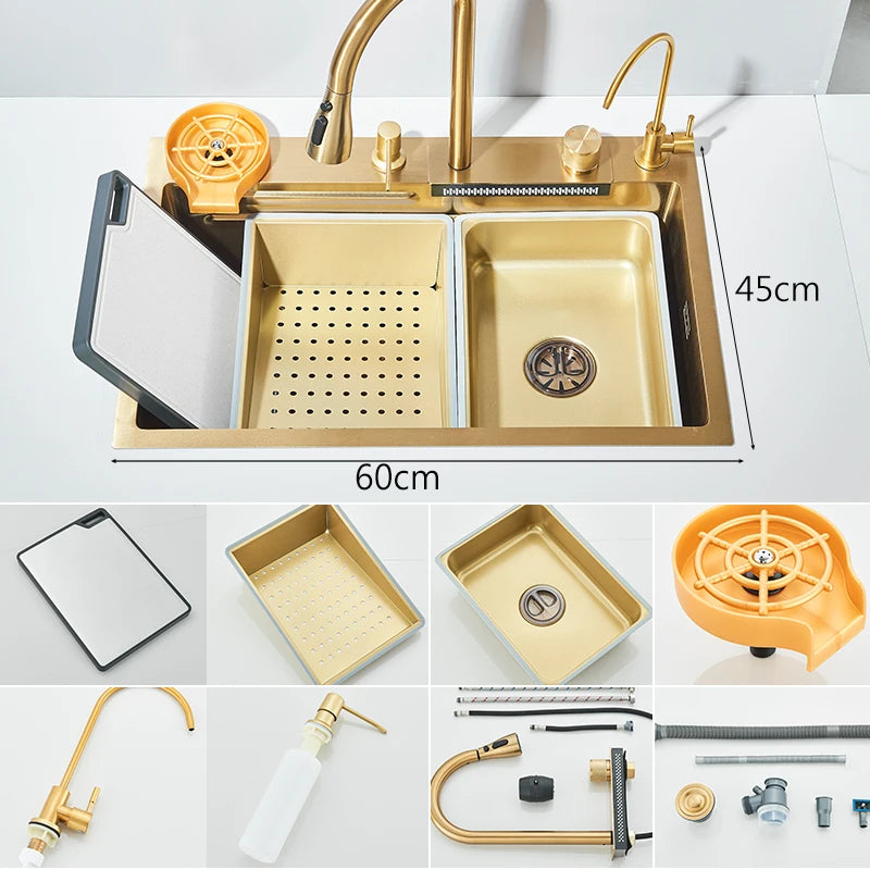 304 Stainless Steel Waterfall Kitchen Sink Large Single Slot Integrated 60X45cm Faucet Set Cup Washer 3Way Pull Out Sprayer Head