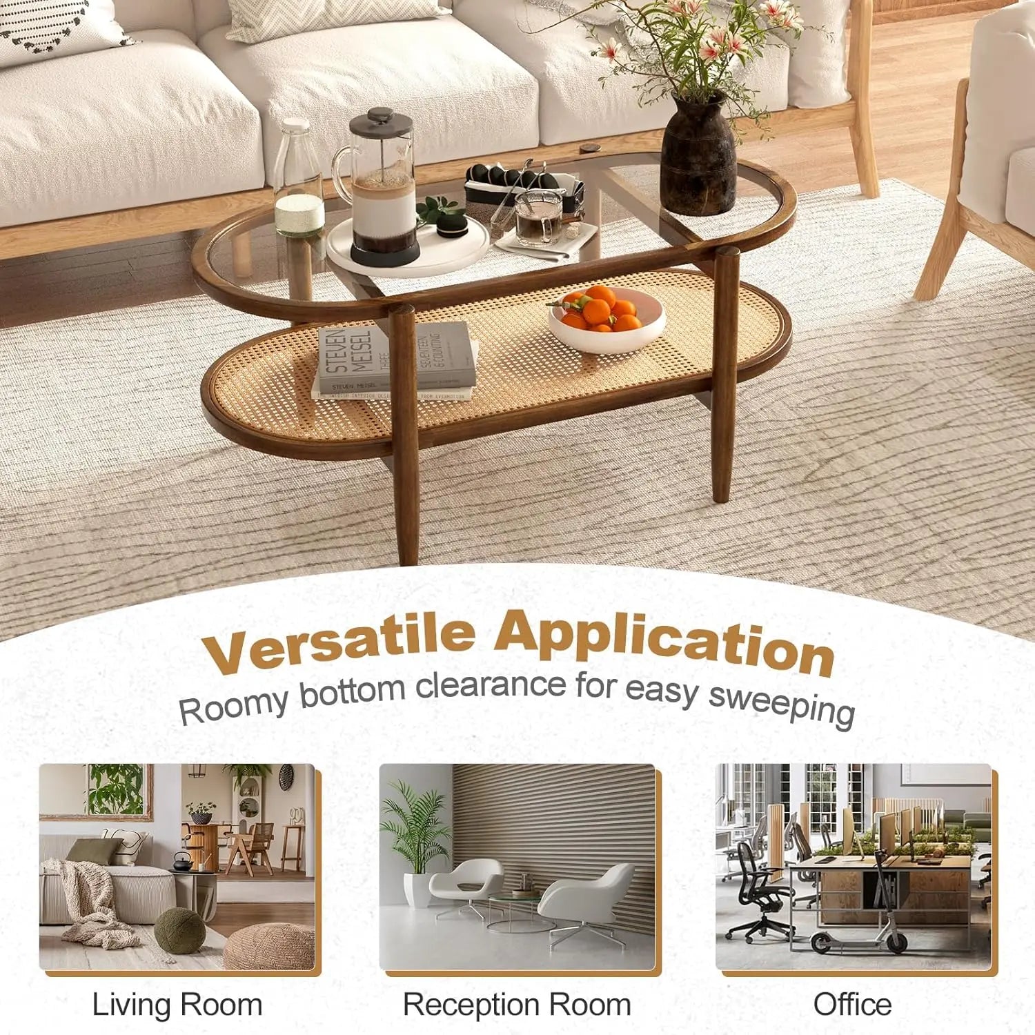 Oval Acacia Wood Coffee Table, 2-Tier with Glass Top & PE Rattan Shelf, Boho Modern Center Table, Brown