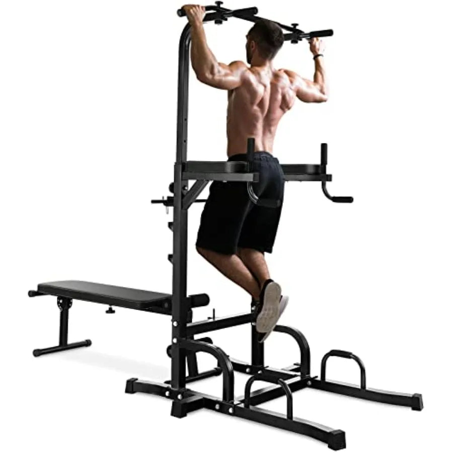 Power Tower with Bench, Multifunctional Home Gym Pull Up Bar Stand Dip Station w/ 7 Adjustable Heights & Foldable Weight Bench,