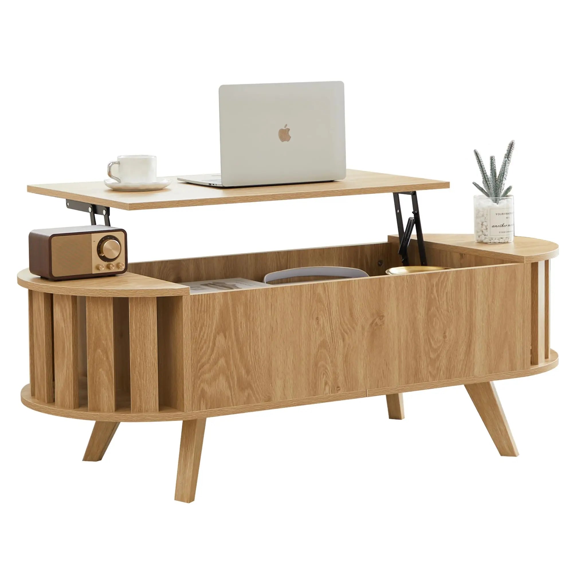 Wooden lift-top coffee table with hidden storage, 47.24-inch oval lift-top surface, low-profile living room coffee table, curved