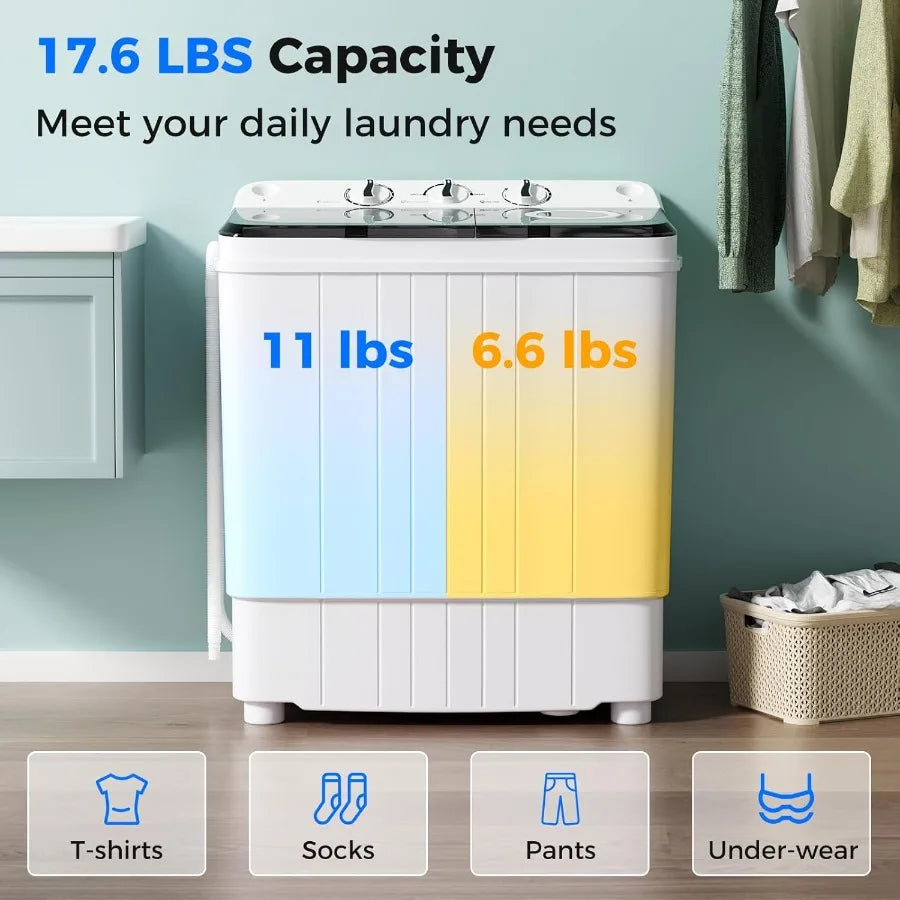 Portable Washing Machine 17.6lbs Compact Washer Spinner Combo with Pump Drain for Apartment RV Dorm College Twin Tub Design wit