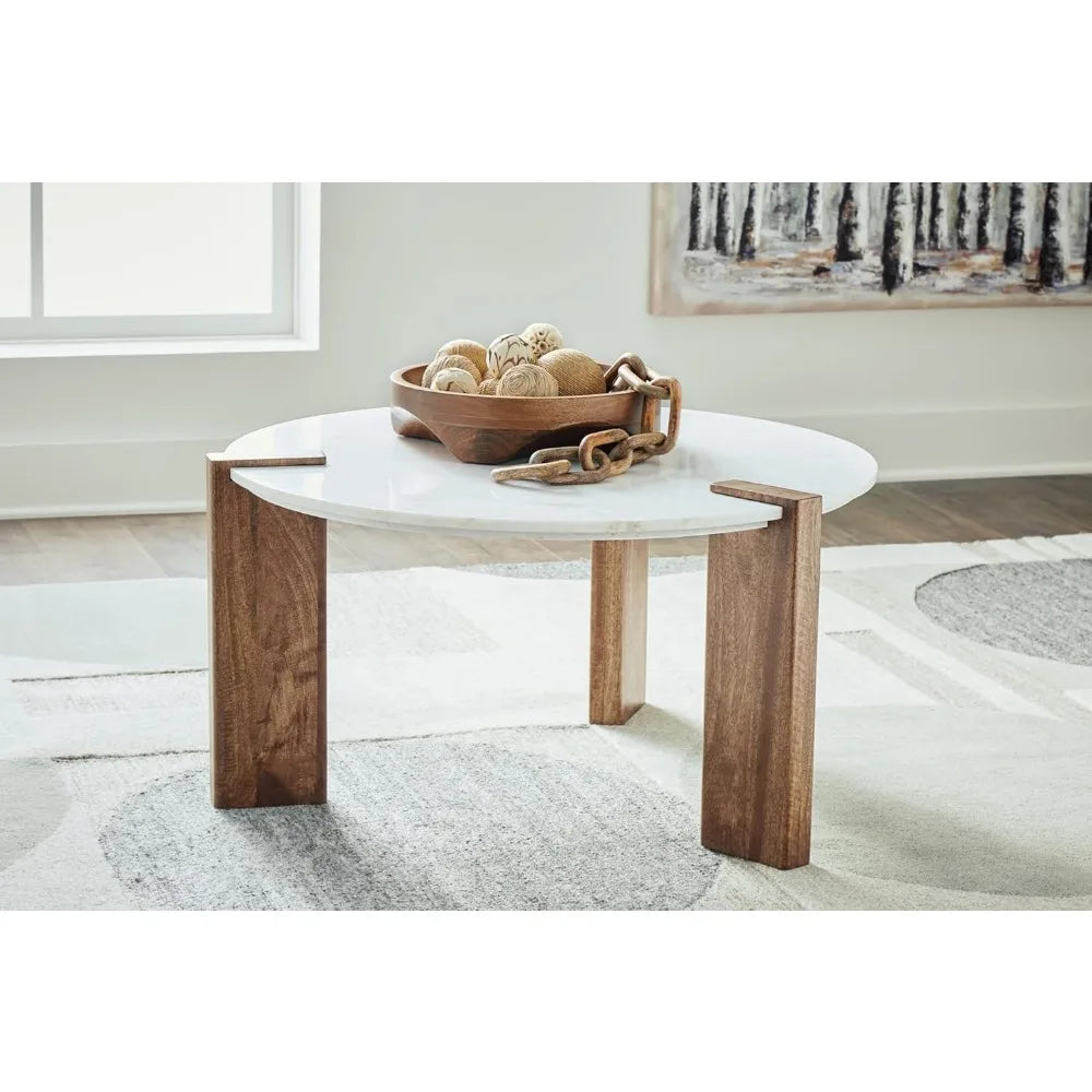 Isanti Modern Coffee Table with Marble Top, White & Light Brown