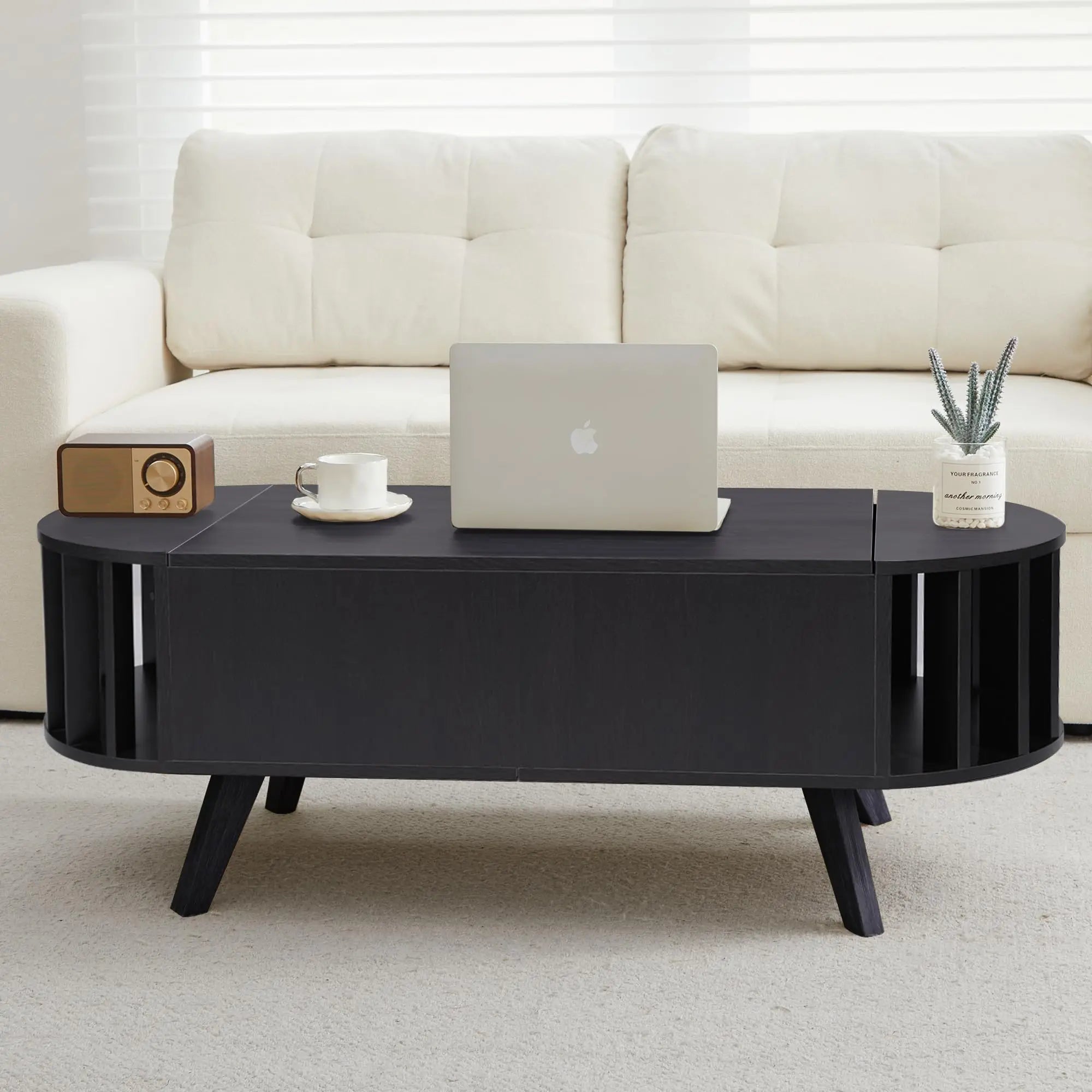 Wooden lift-top coffee table with hidden storage, 47.24-inch oval lift-top surface, low-profile living room coffee table, curved