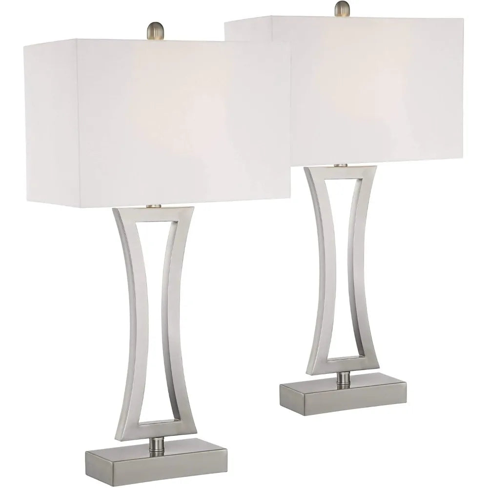Modern 3-Way Table Lamps Set of 2, 31 Inches Tall with Dimmer, Brushed Nickel, Off-White Fabric Shade, Rectangular Design for Co