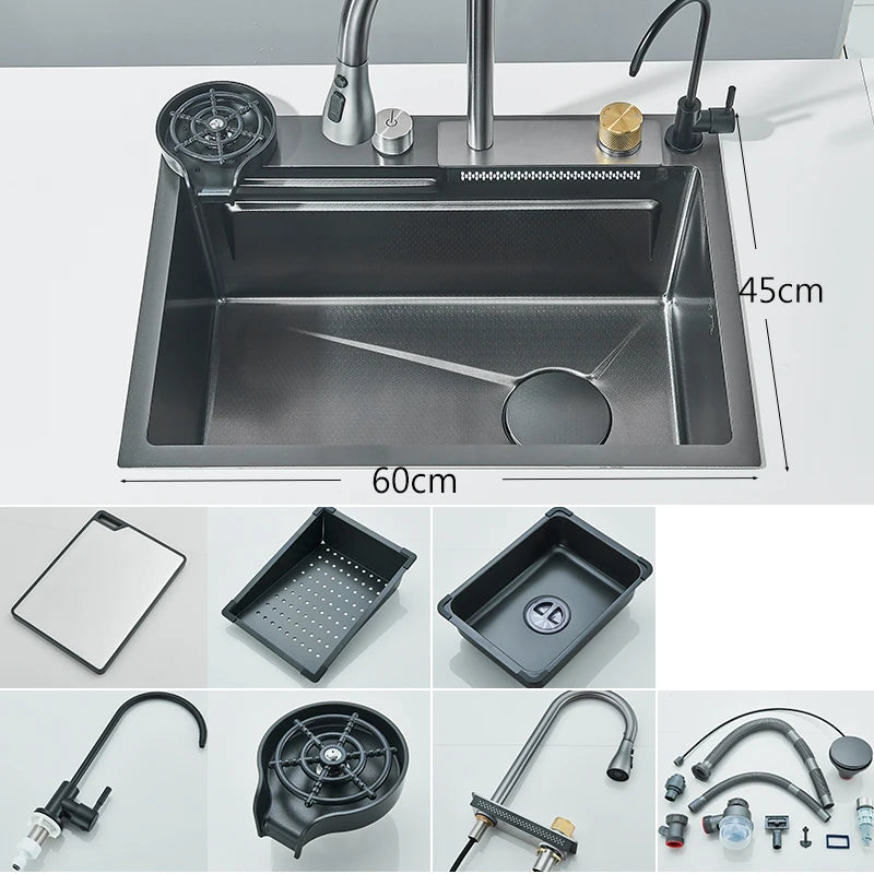 304 Stainless Steel Waterfall Kitchen Sink Large Single Slot Integrated 60X45cm Faucet Set Cup Washer 3Way Pull Out Sprayer Head
