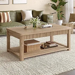 Coffee Table, 39 Inch Modern Coffee Tables for Living Room with 2-Tier Storage & Wave-Edge, Walnut Center Table for Bedroom/Offi
