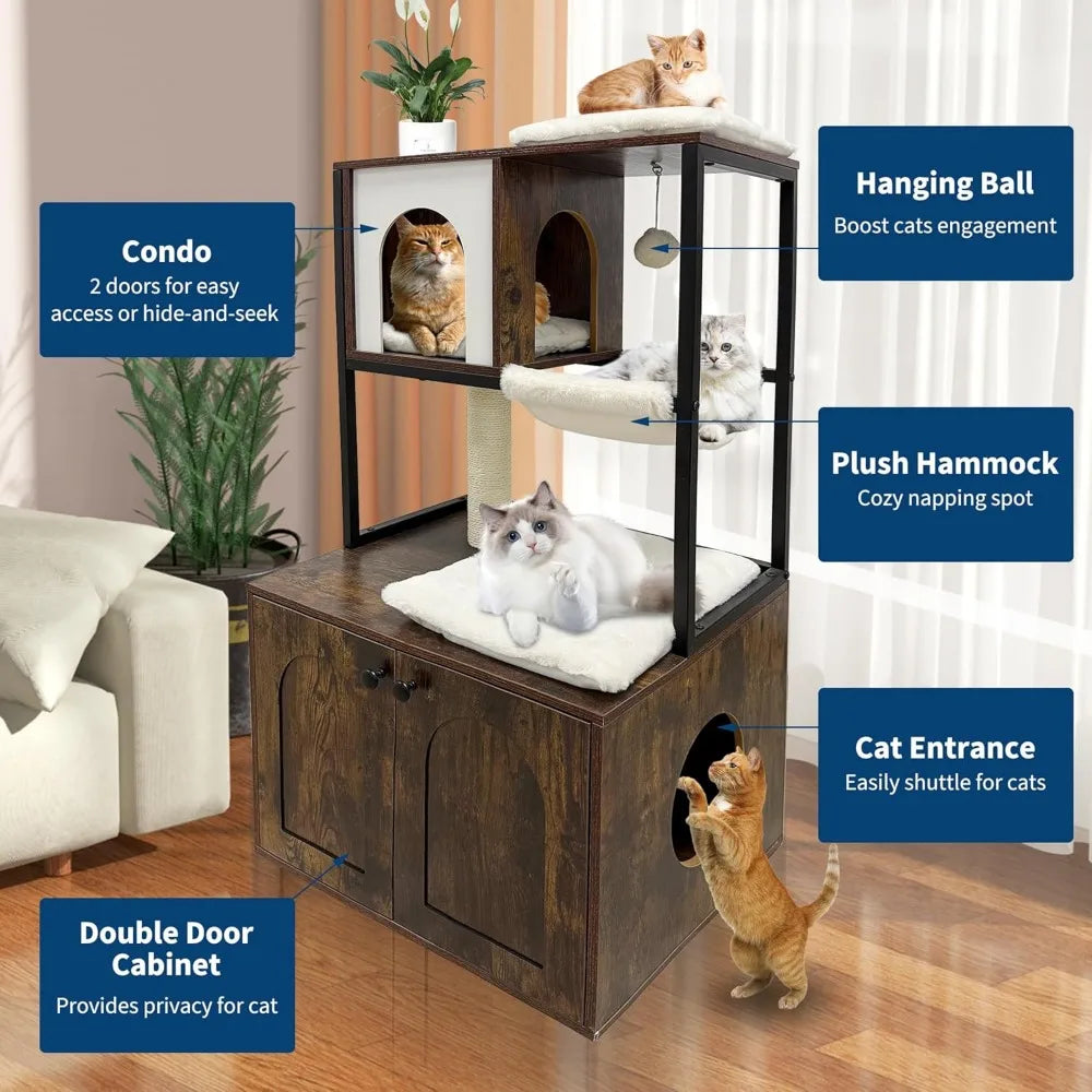 "contemporary cat tree with litter box hiding spot, condo, hammock, scratching pad, and swinging ball"