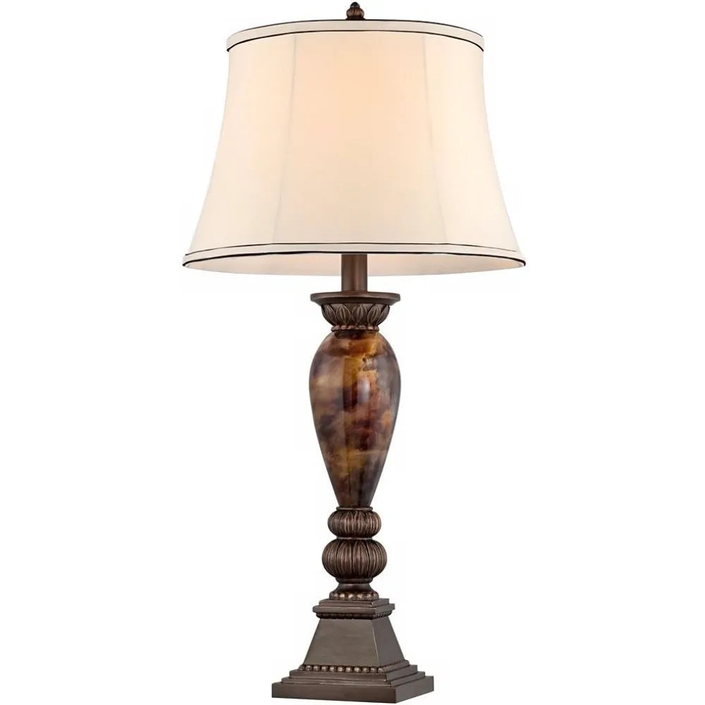 Vintage 33 Tall Aged Bronze Table Lamp with Faux Marble Base and Off-White Bell Shade for Living Room Decor