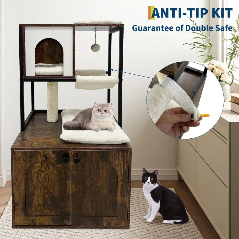 "contemporary cat tree with litter box hiding spot, condo, hammock, scratching pad, and swinging ball"