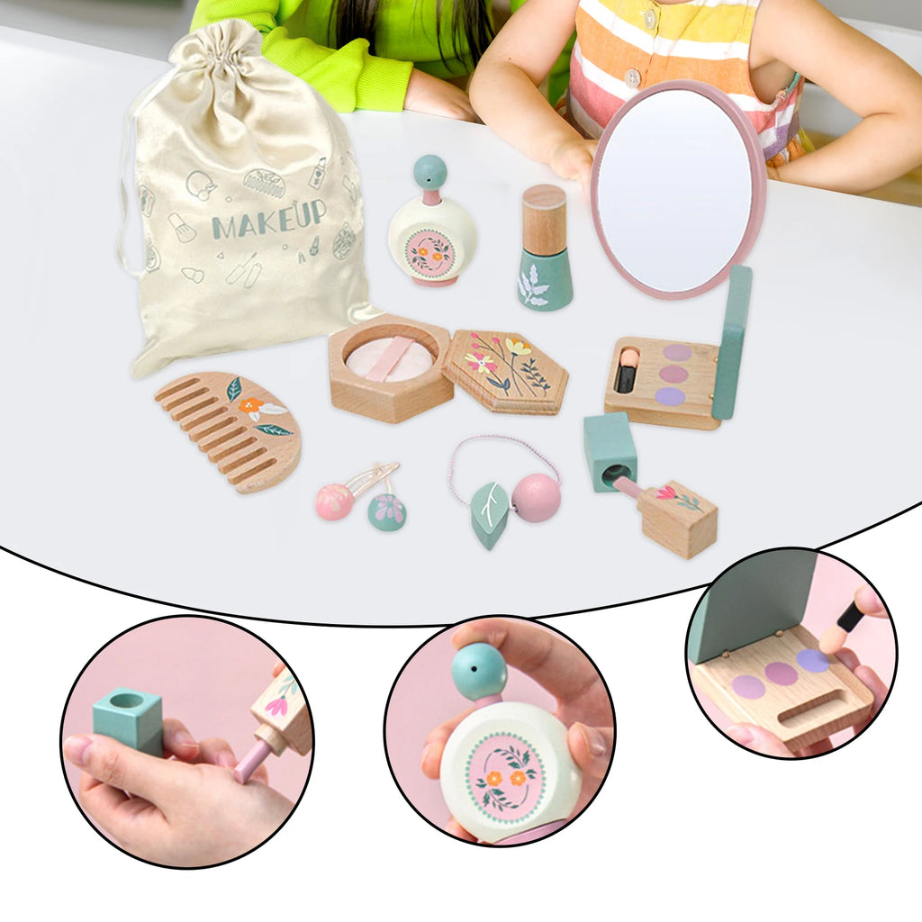Makeup Toy Kits Wooden Makeup Toys with Cosmetic Bag for Girls Role Playing Games Pretend Play Makeup Beauty Set Birthday Gifts