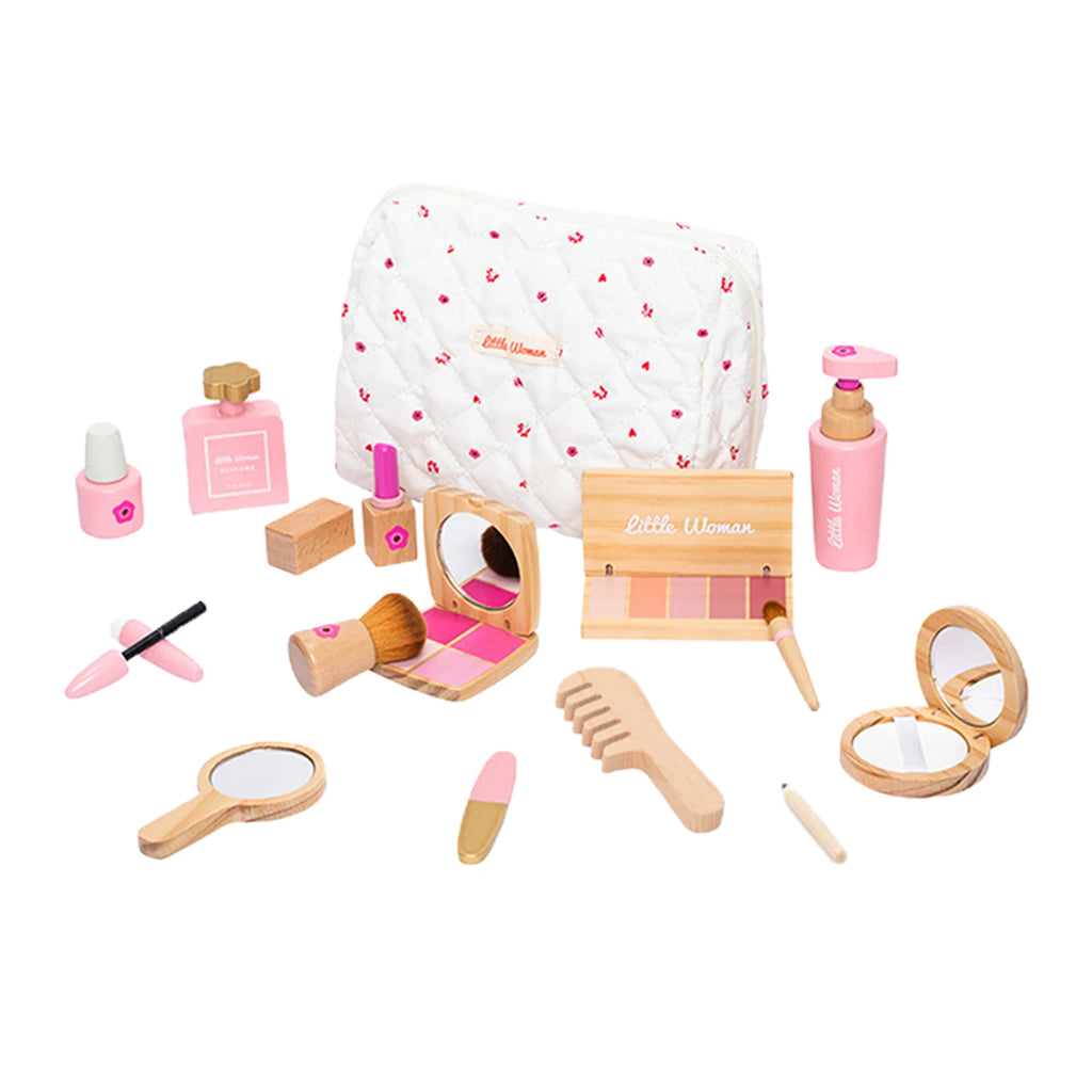Makeup Toy Kits Wooden Makeup Toys with Cosmetic Bag for Girls Role Playing Games Pretend Play Makeup Beauty Set Birthday Gifts