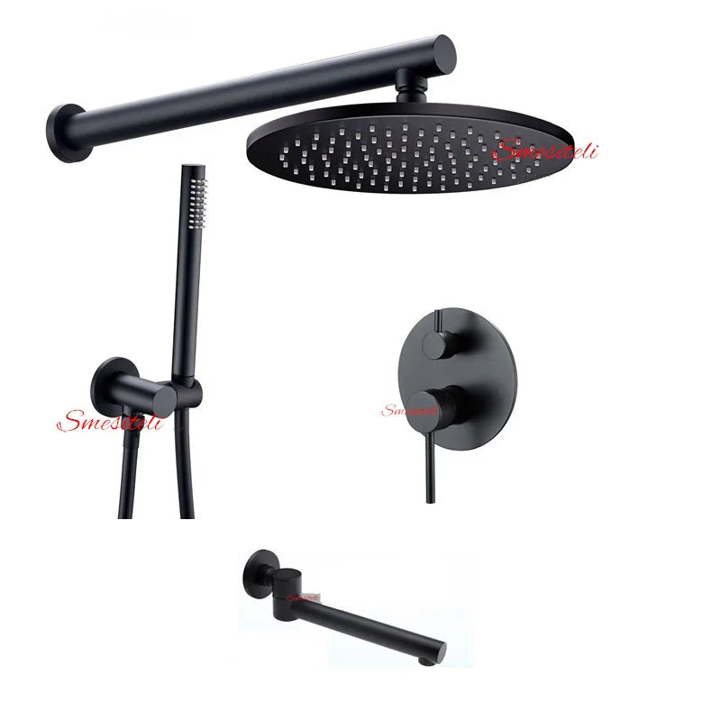 Bathroom Built-in Shower System Brass Matte Black Finish Wall Mount 3-Function Concealed 8 Inch Rain Shower Smesiteli