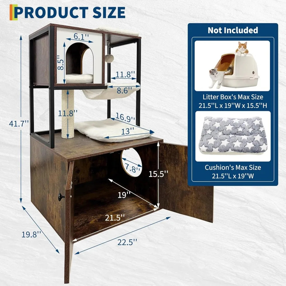 "contemporary cat tree with litter box hiding spot, condo, hammock, scratching pad, and swinging ball"