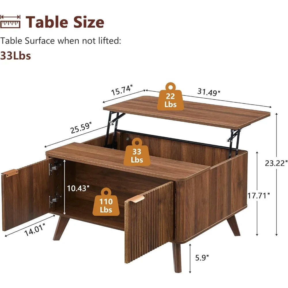 Fluted Lift Top Coffee Table with Large Hidden Compartment, 31.5” Wooden Center Table with Storage, Mid Century Modern Lift Tabl