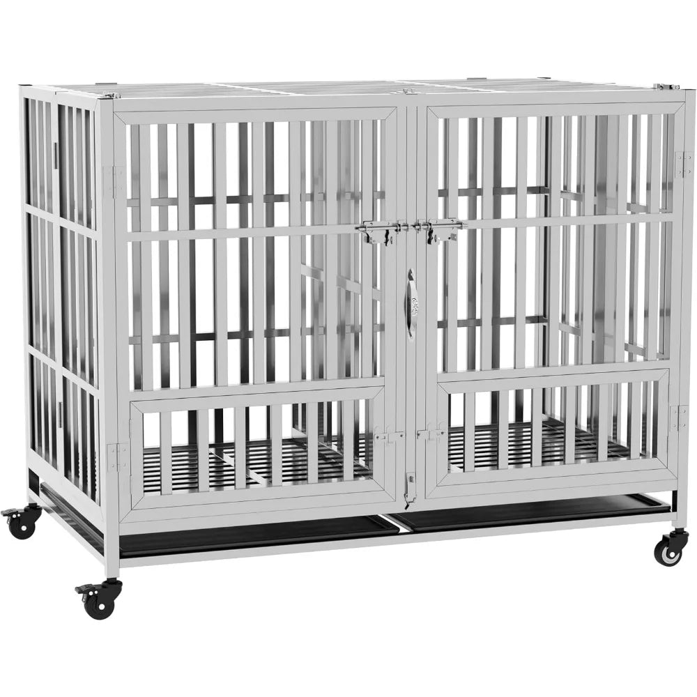 37" 42" 48" heavy duty dog cage stainless steel metal kennel and crate, collapsible for medium to large dogs, easy to assemble p