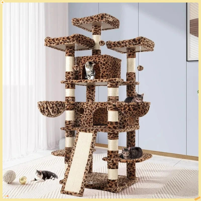 68'' Tall Cat Tree House for Large Cats, Multi-Level Playground with Condo & Scratching Posts, Space-Saving Leopard Design