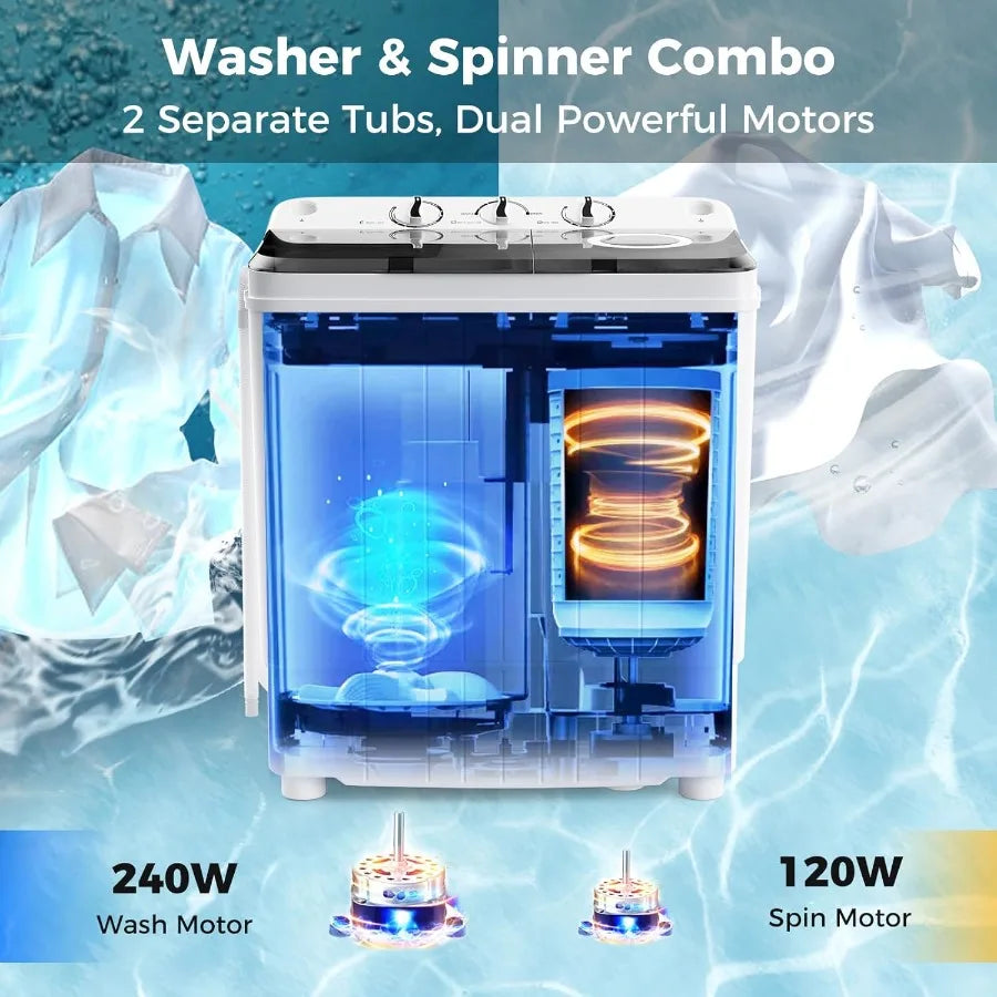 Portable Washing Machine 17.6lbs Compact Washer Spinner Combo with Pump Drain for Apartment RV Dorm College Twin Tub Design wit