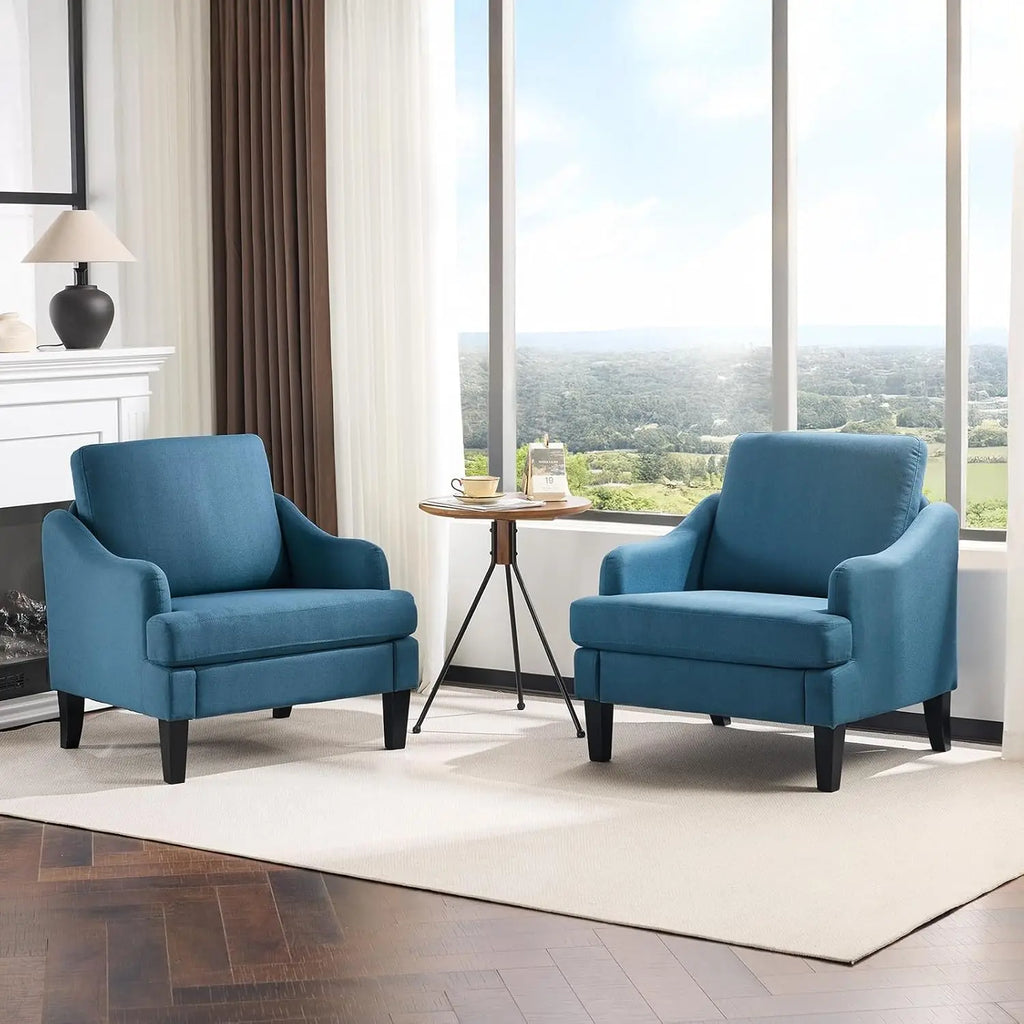 Linen Accent Chairs Set of 2, Navy Blue Modern Armchair for Living Room Bedroom
