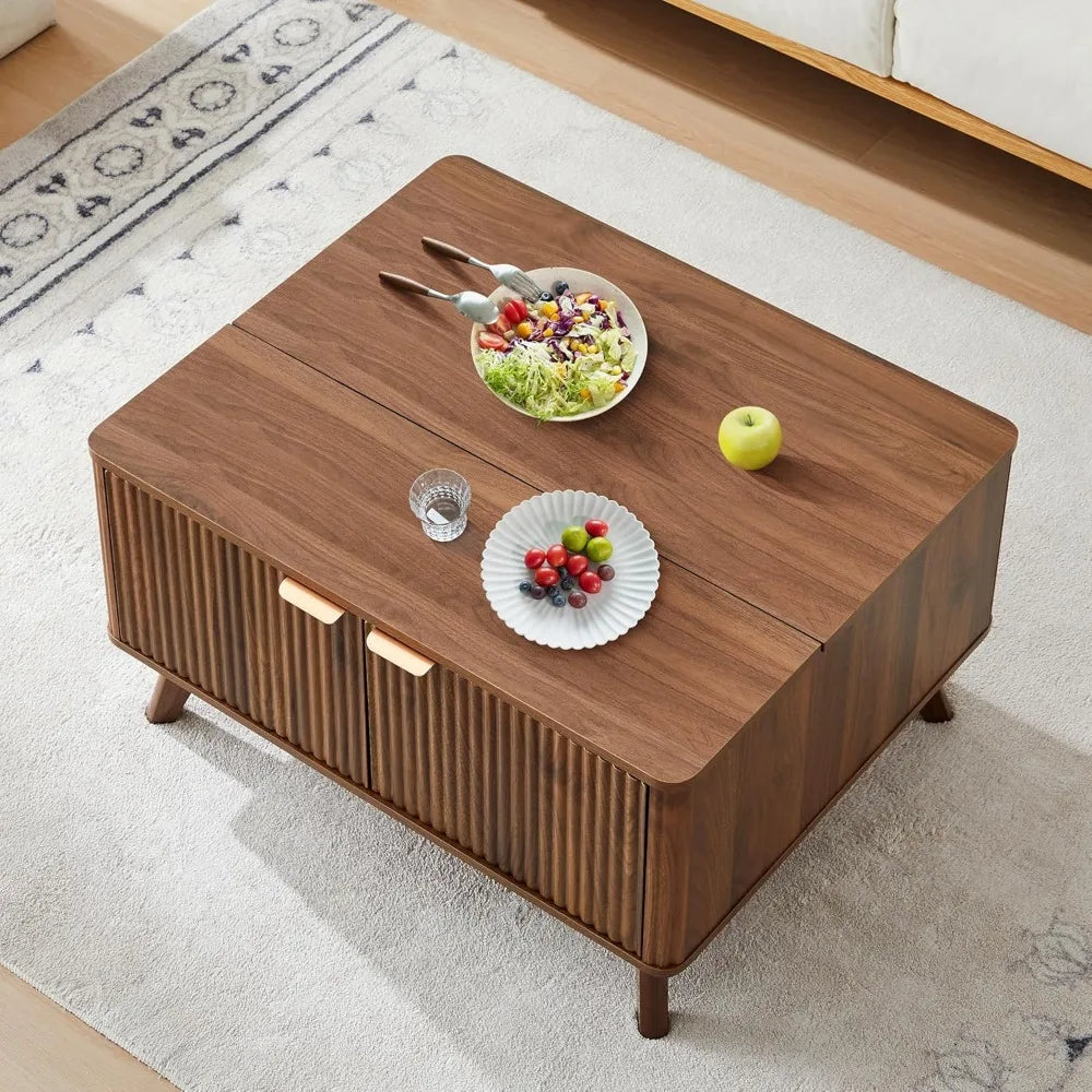 Fluted Lift Top Coffee Table with Large Hidden Compartment, 31.5” Wooden Center Table with Storage, Mid Century Modern Lift Tabl