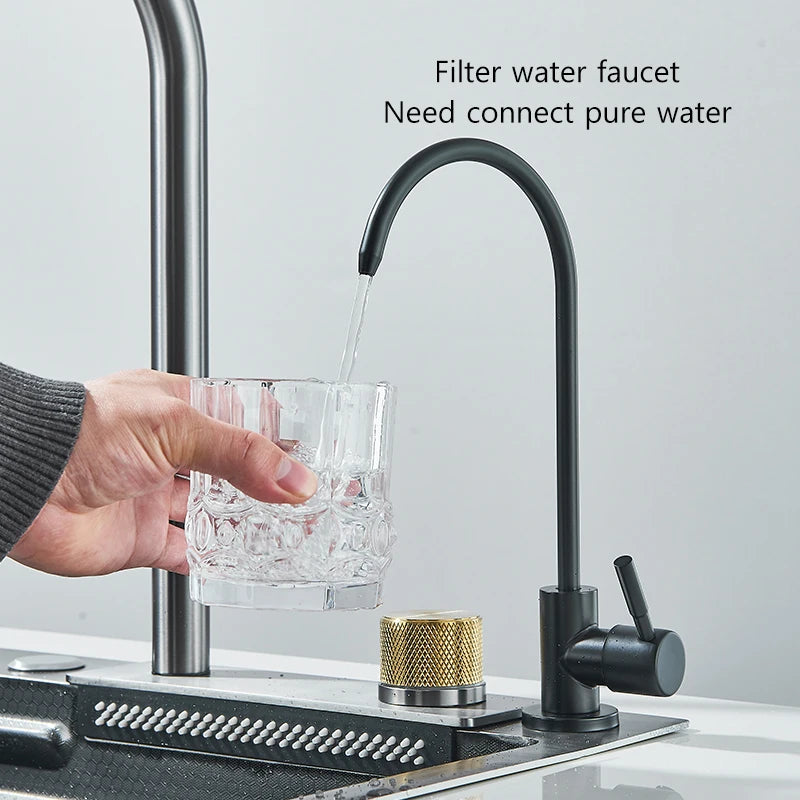 304 Stainless Steel Waterfall Kitchen Sink Large Single Slot Integrated 60X45cm Faucet Set Cup Washer 3Way Pull Out Sprayer Head