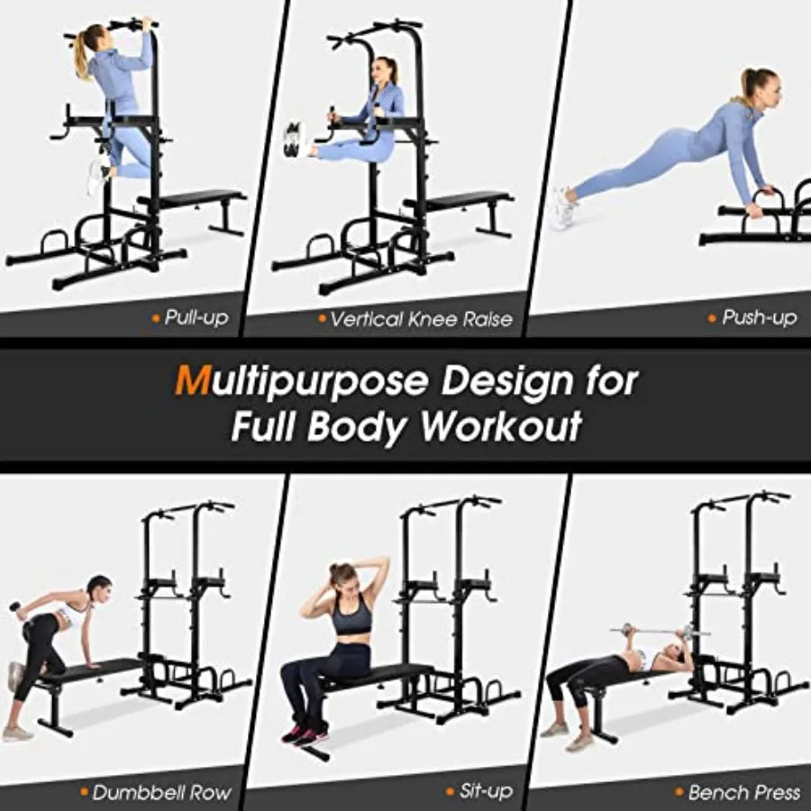 Power Tower with Bench, Multifunctional Home Gym Pull Up Bar Stand Dip Station w/ 7 Adjustable Heights & Foldable Weight Bench,