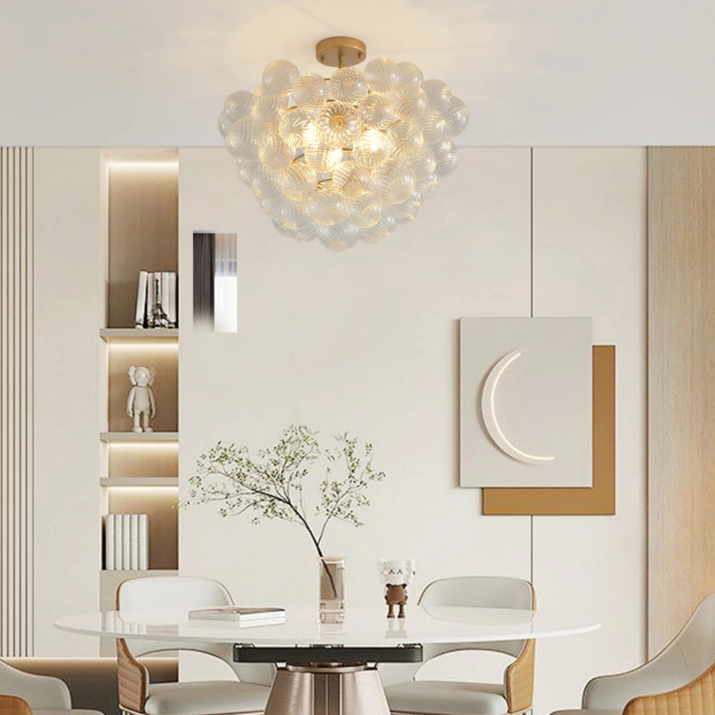 Golden Ceiling Pendant Light Chandelier with Threaded Clear Glass Globe Shade – Ideal for Living Room, Dining Room, Kitchen