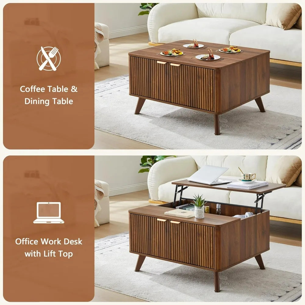 Fluted Lift Top Coffee Table with Large Hidden Compartment, 31.5” Wooden Center Table with Storage, Mid Century Modern Lift Tabl