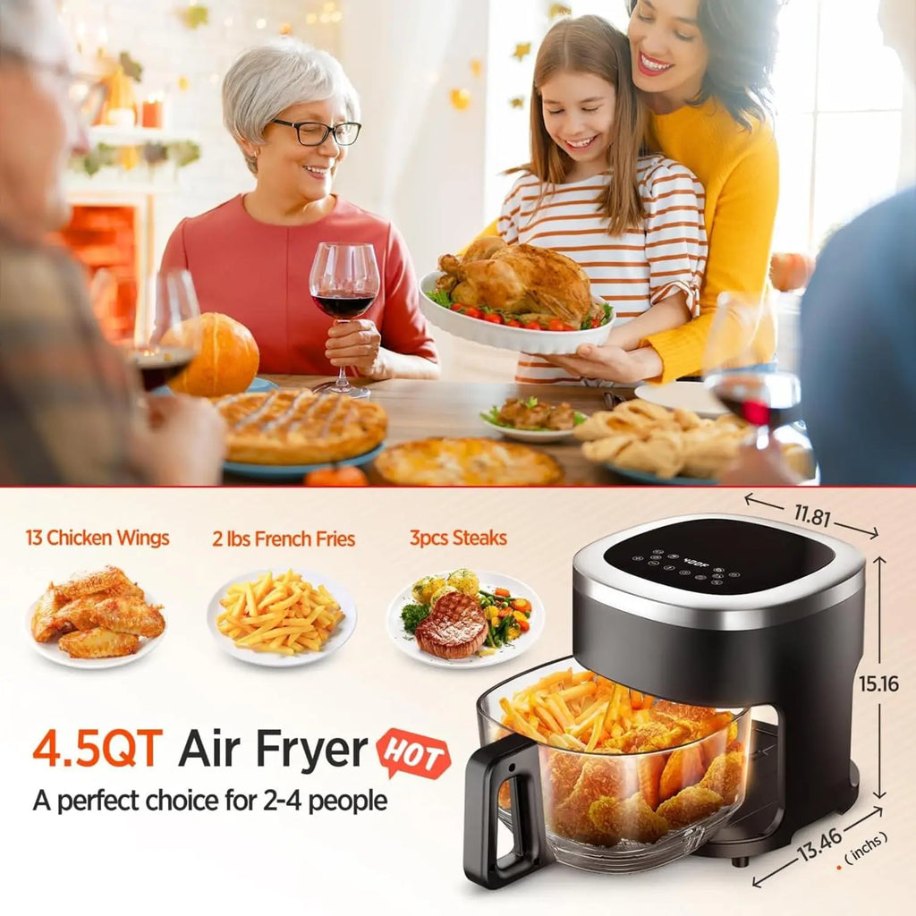 6-IN-1 Glass Air Fryer with 4.5 QT Capacity,Air Fry, Roast, Reheat, Dehydrate, Air Crisp Technology,Nonstick & Dishwasher Safe B