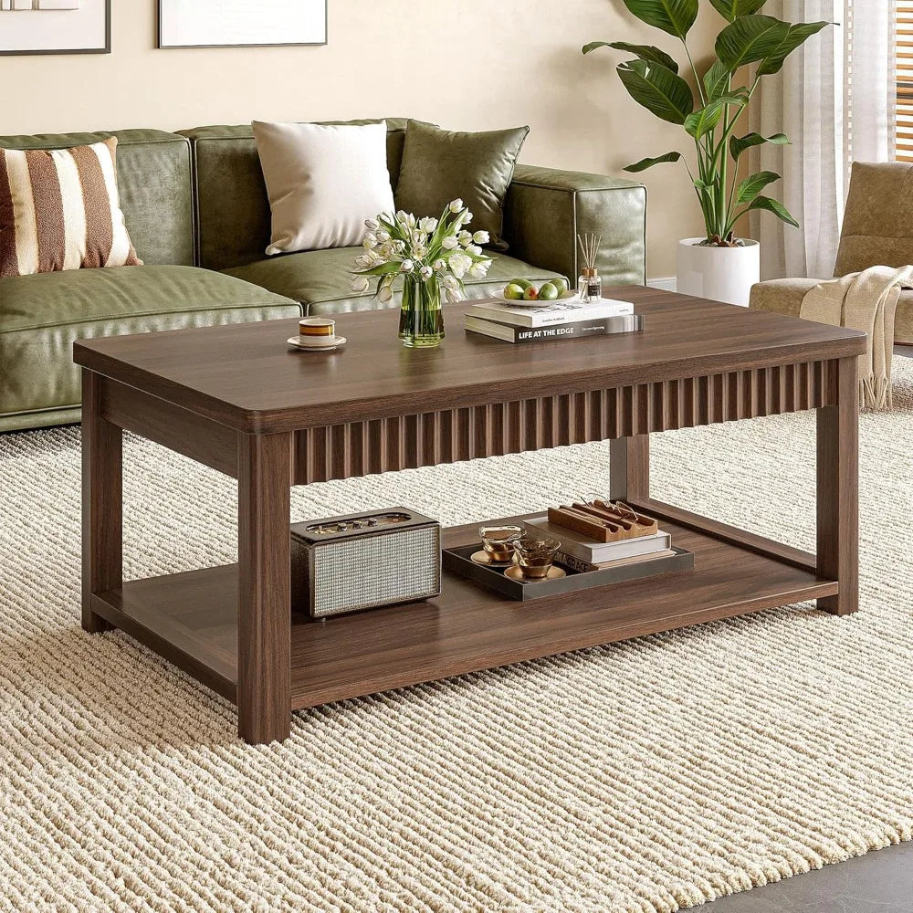 Coffee Table, 39 Inch Modern Coffee Tables for Living Room with 2-Tier Storage & Wave-Edge, Walnut Center Table for Bedroom/Offi