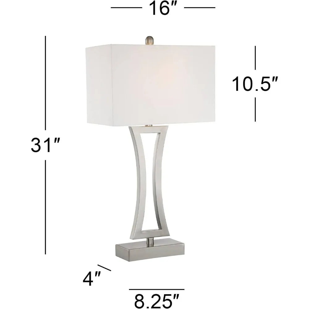 Modern 3-Way Table Lamps Set of 2, 31 Inches Tall with Dimmer, Brushed Nickel, Off-White Fabric Shade, Rectangular Design for Co