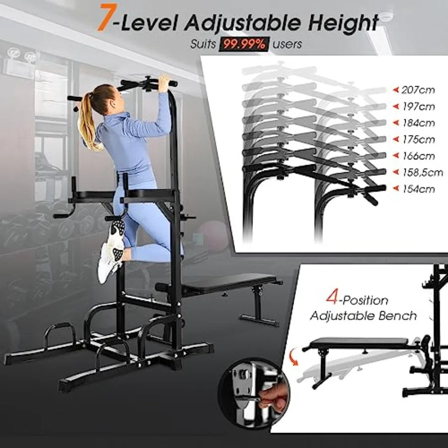 Power Tower with Bench, Multifunctional Home Gym Pull Up Bar Stand Dip Station w/ 7 Adjustable Heights & Foldable Weight Bench,