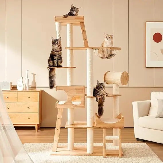sturdy 74.8" tall maine coon cat tower with transparent bowl, ladder, and luxury condo