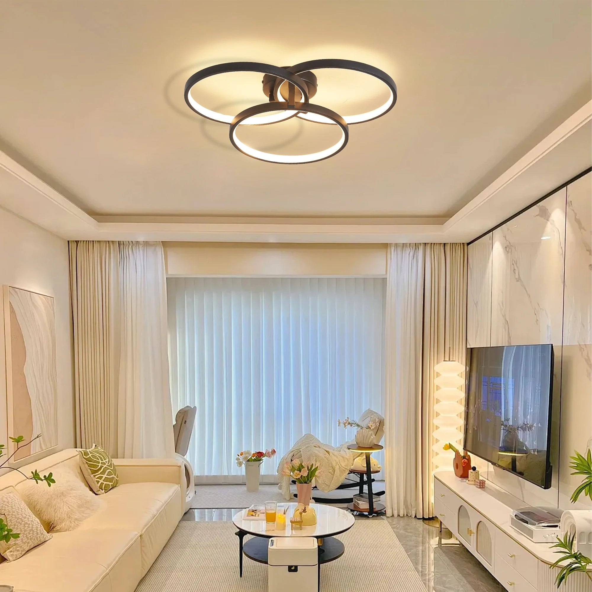 Modern Black LED Ceiling Light, 3-Ring Flush Mount Fixture for Living Room, Bedroom, or Dining Room, Sleek and Energy-Efficient