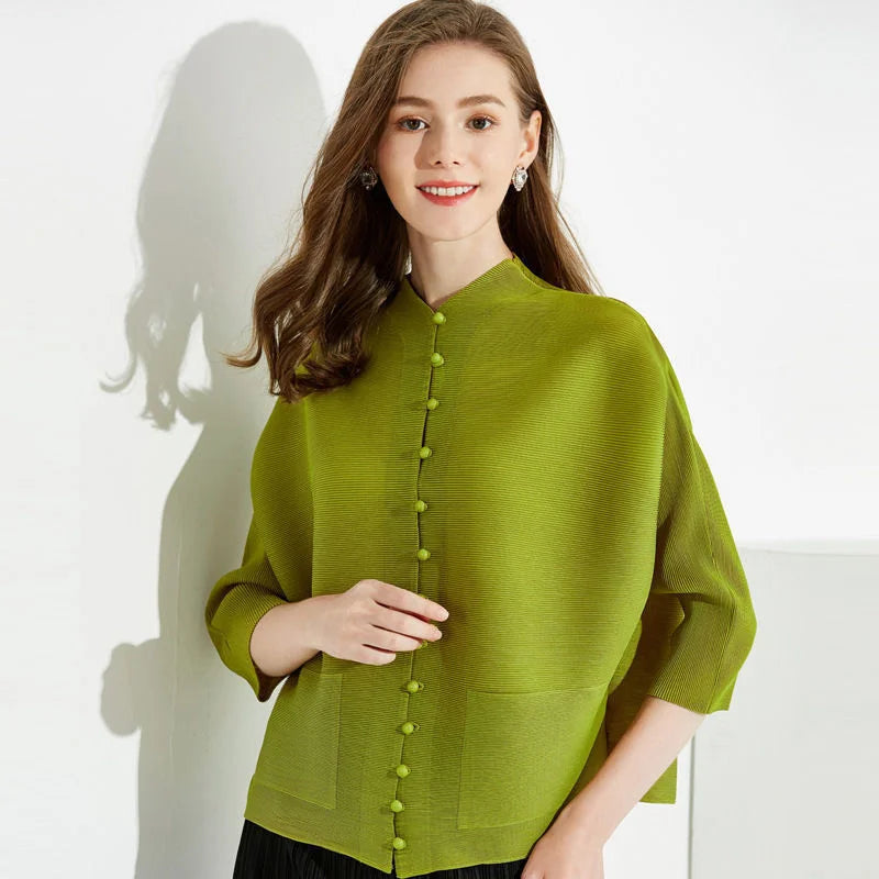 Woman Clothing T-shirt Bat Sleeves Loose and Pleated Small Jacket Women's Single-breasted Pocket Design Pleated Semi-Turtleneck