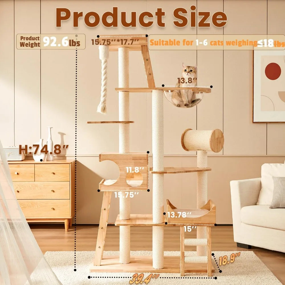 sturdy 74.8" tall maine coon cat tower with transparent bowl, ladder, and luxury condo