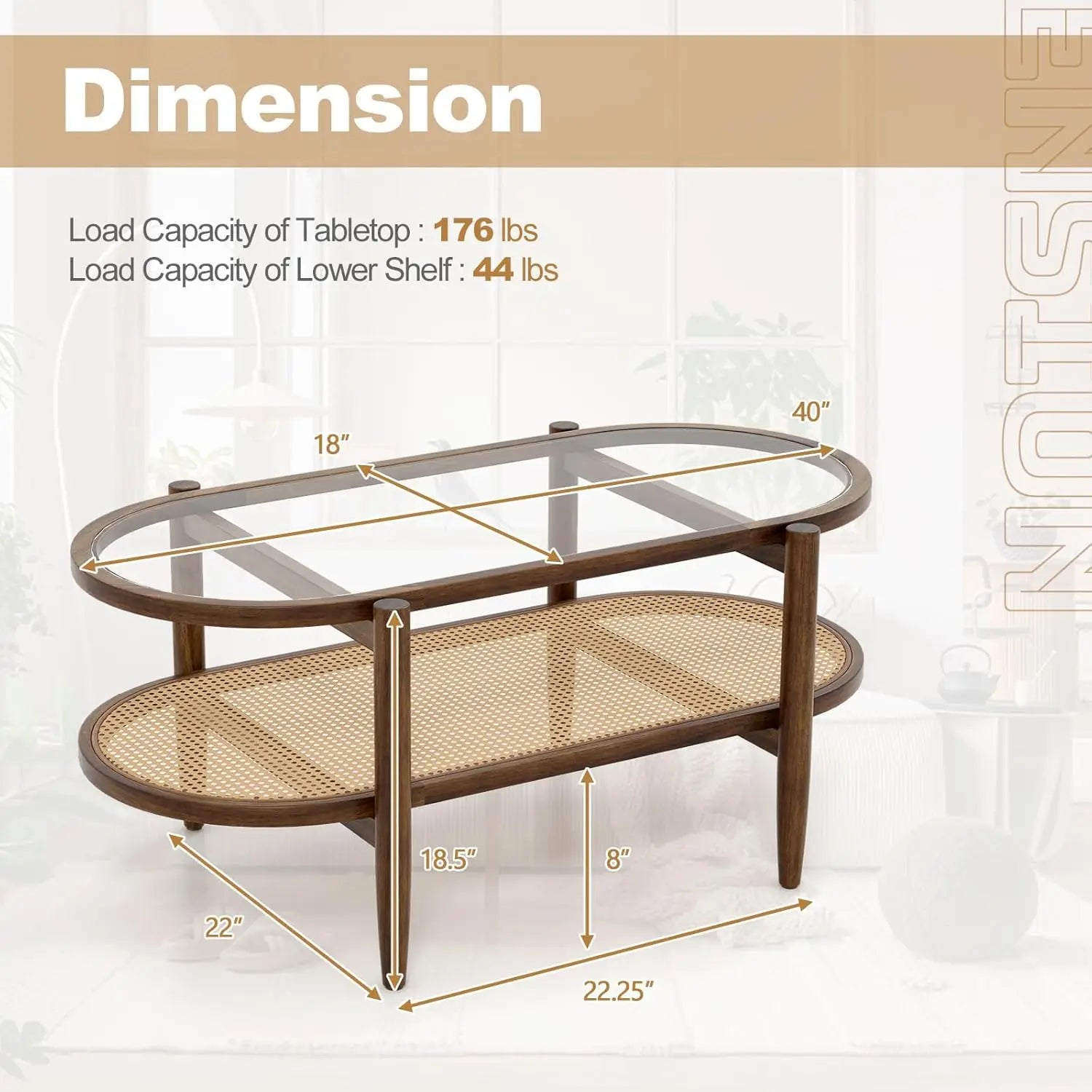 Oval Acacia Wood Coffee Table, 2-Tier with Glass Top & PE Rattan Shelf, Boho Modern Center Table, Brown