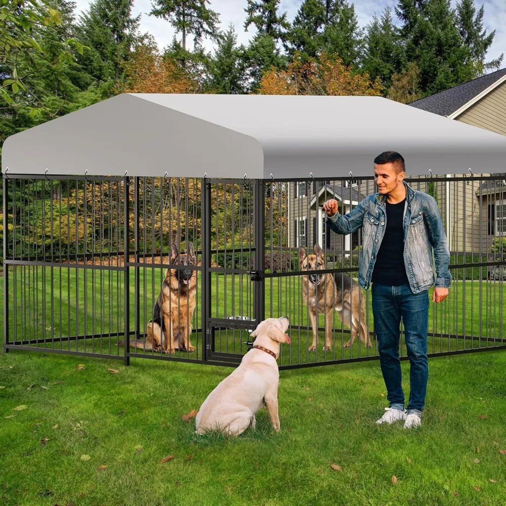 Large Outdoor Dog Kennel - 10x10x6 Feet, Heavy Duty, Lockable, Waterproof Roof, Stainless Steel Swivel Feeder