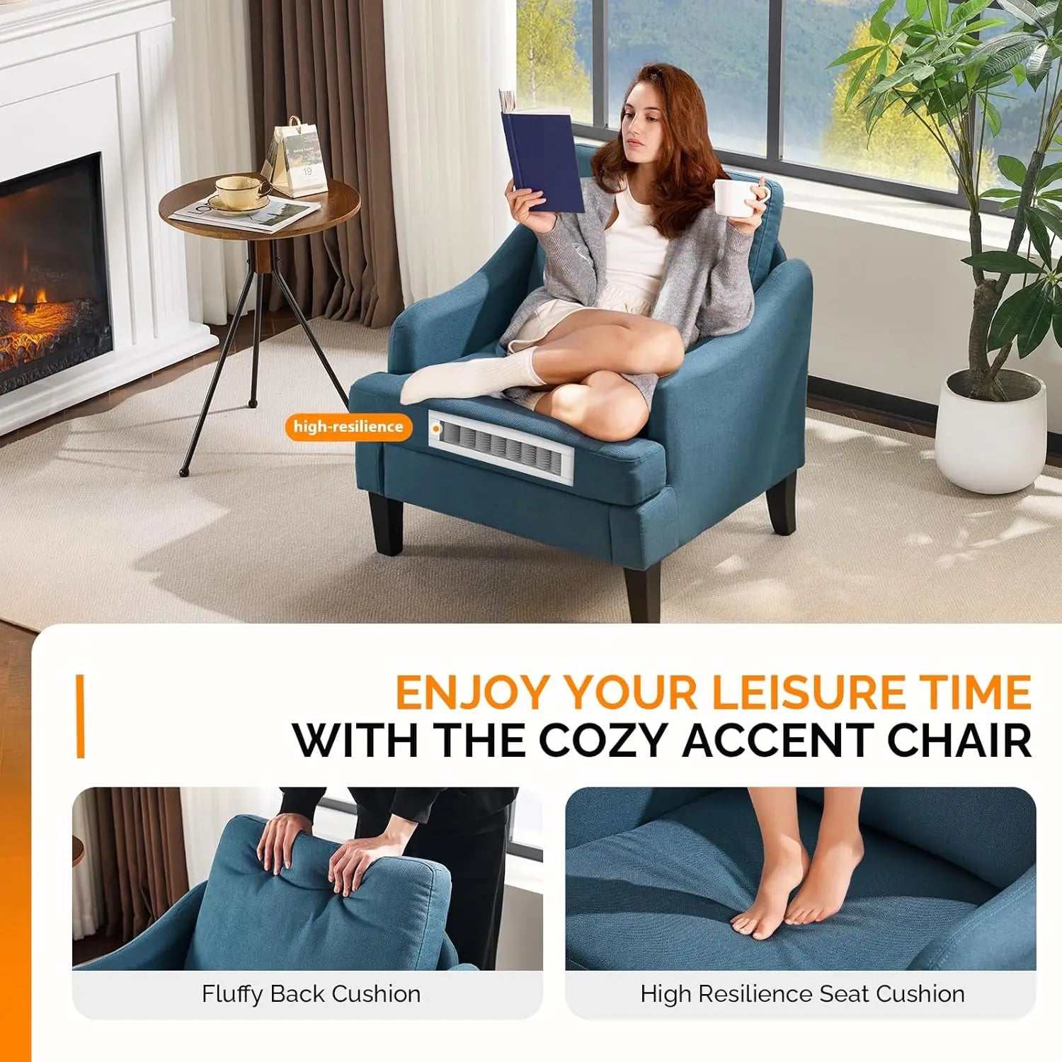 Linen Accent Chairs Set of 2, Navy Blue Modern Armchair for Living Room Bedroom