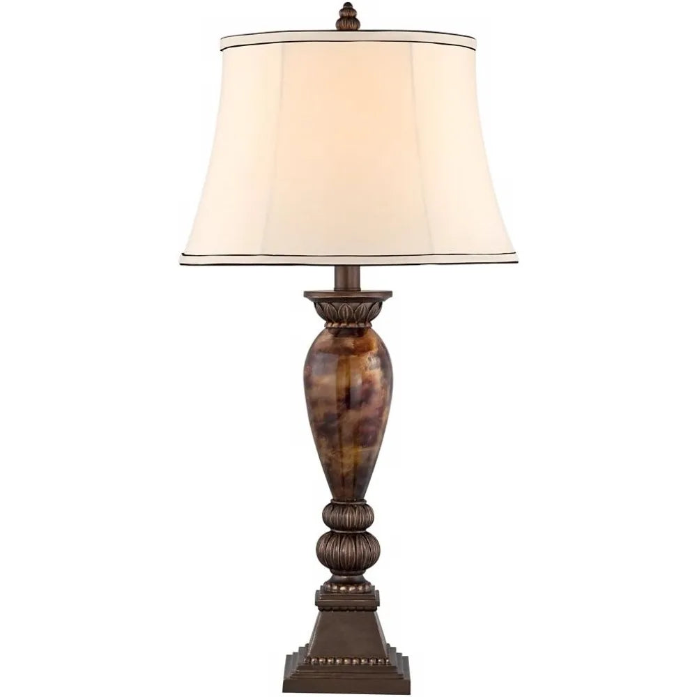 Vintage 33 Tall Aged Bronze Table Lamp with Faux Marble Base and Off-White Bell Shade for Living Room Decor