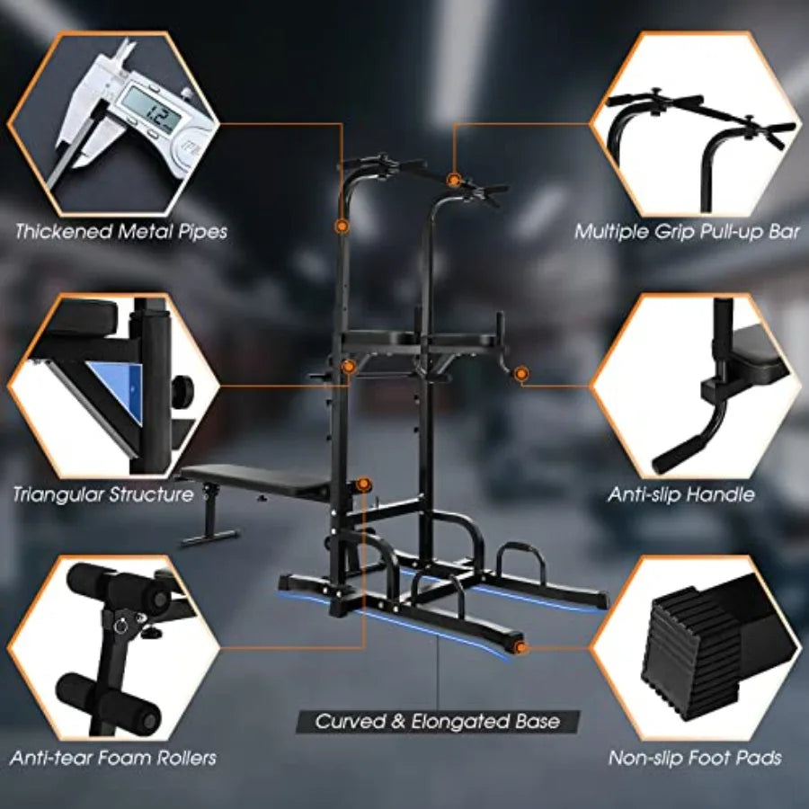 Power Tower with Bench, Multifunctional Home Gym Pull Up Bar Stand Dip Station w/ 7 Adjustable Heights & Foldable Weight Bench,