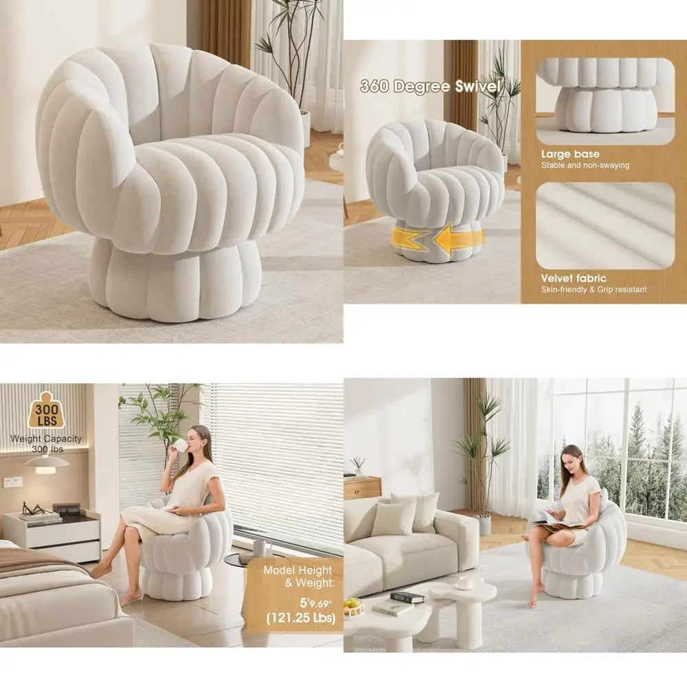 Mid-Century Modern 360° Swivel Velvet Lounge Chair with Wide Upholstery and Pumpkin Accent for Reading