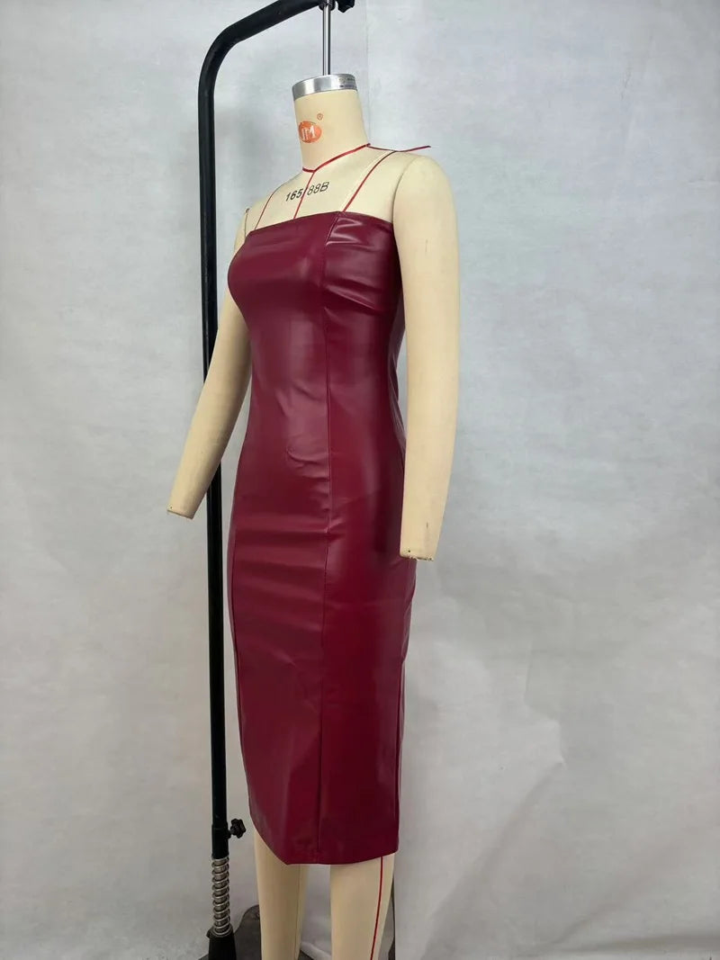 American women's clothing  autumn winter sexy tube top dress PU leather solid color temperament skirt split ends slim fit