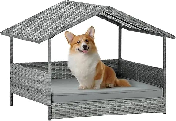 wicker dog house with canopy, 32" outdoor elevated rattan dog bed with water-resistant soft cushion, large outside raised dog sh